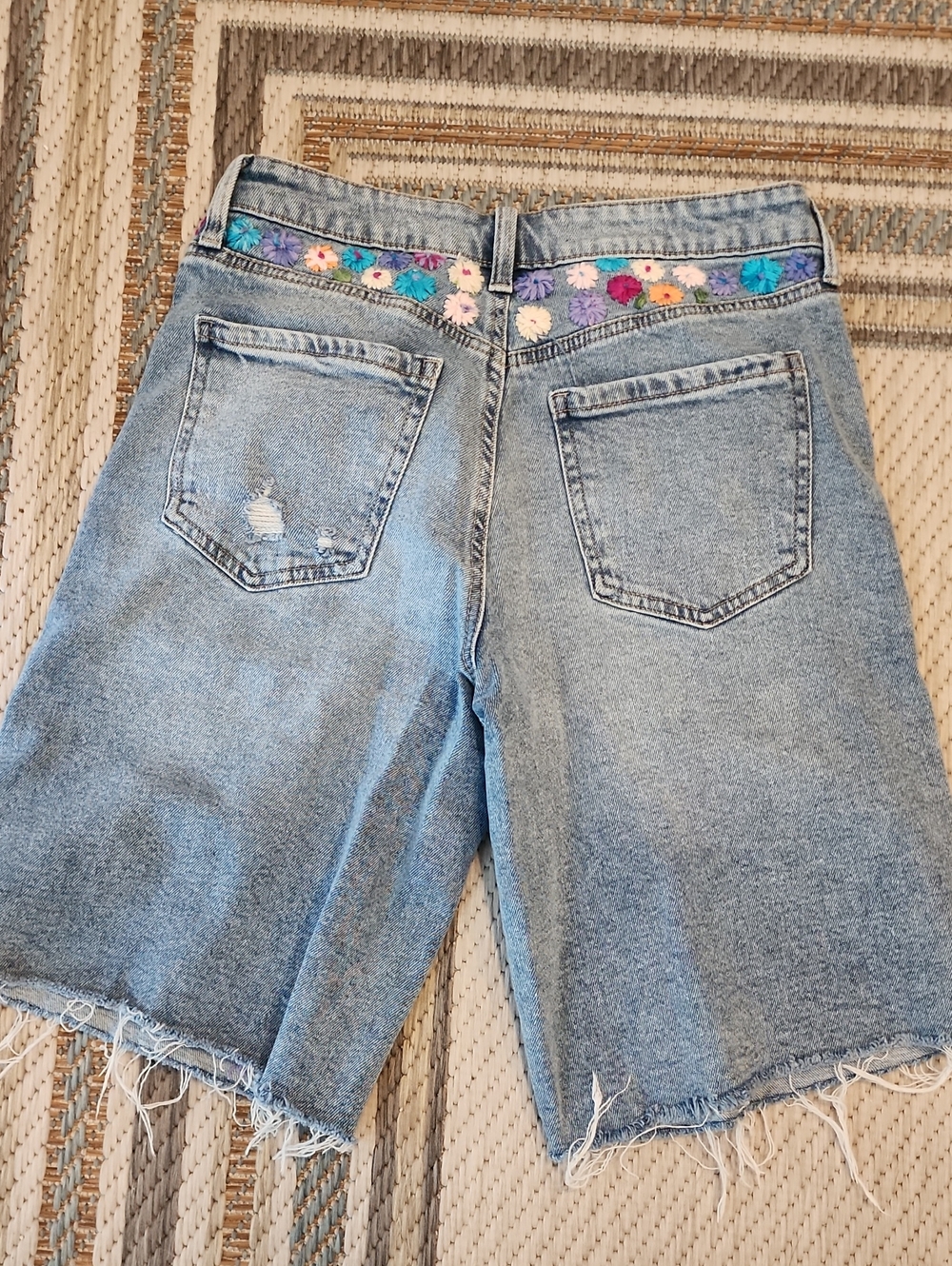 Light Blue Denim Jorts with Embroidered Floral Waist